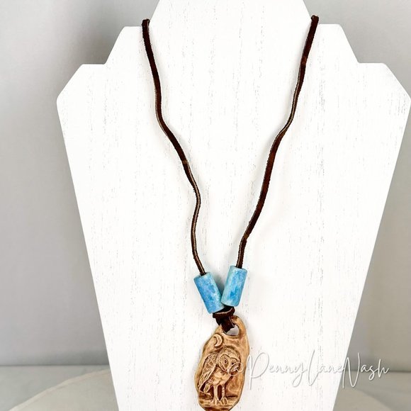 Vintage Jewelry - Vintage Owl Stone Etched on Burlap w/ Blue Stones Necklace